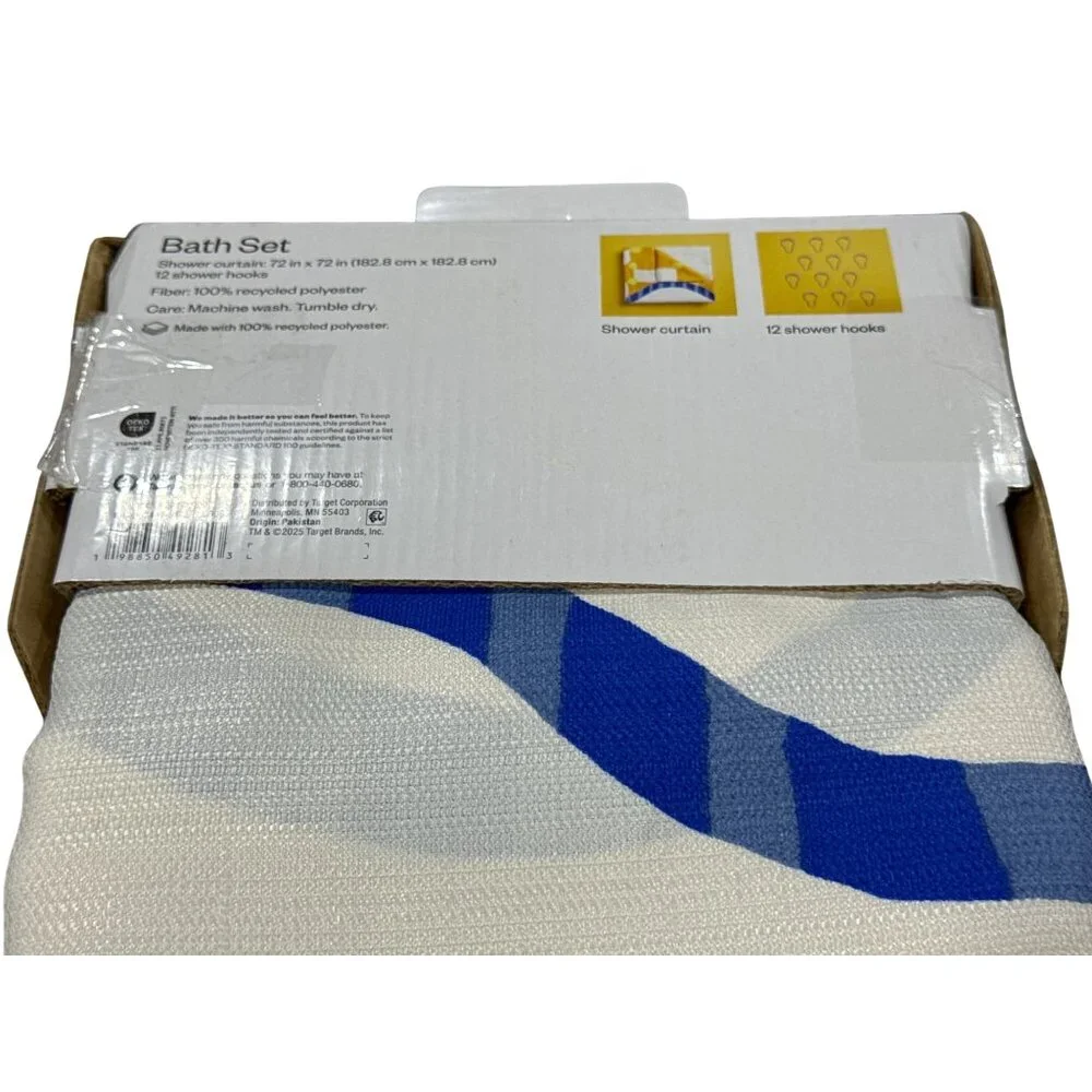 Room Essentials Blue, White, Yellow Wave Geometric Shower Curtain Bath Set With